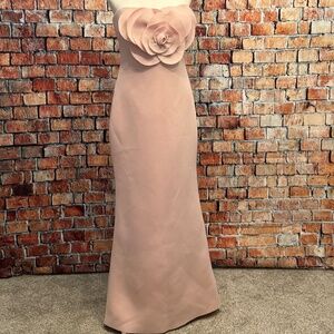 Badgley Mischka Pink Strapless Scuba Gown with Oversized Rosette – Size 8